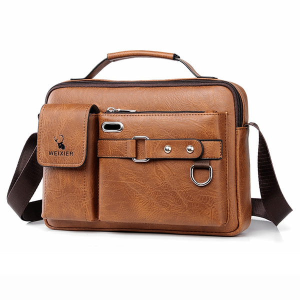 WElXIER  D234 PU Leather Men's Messenger Bag Shoulder Bag Satchel Briefcase with Earphone Hole
