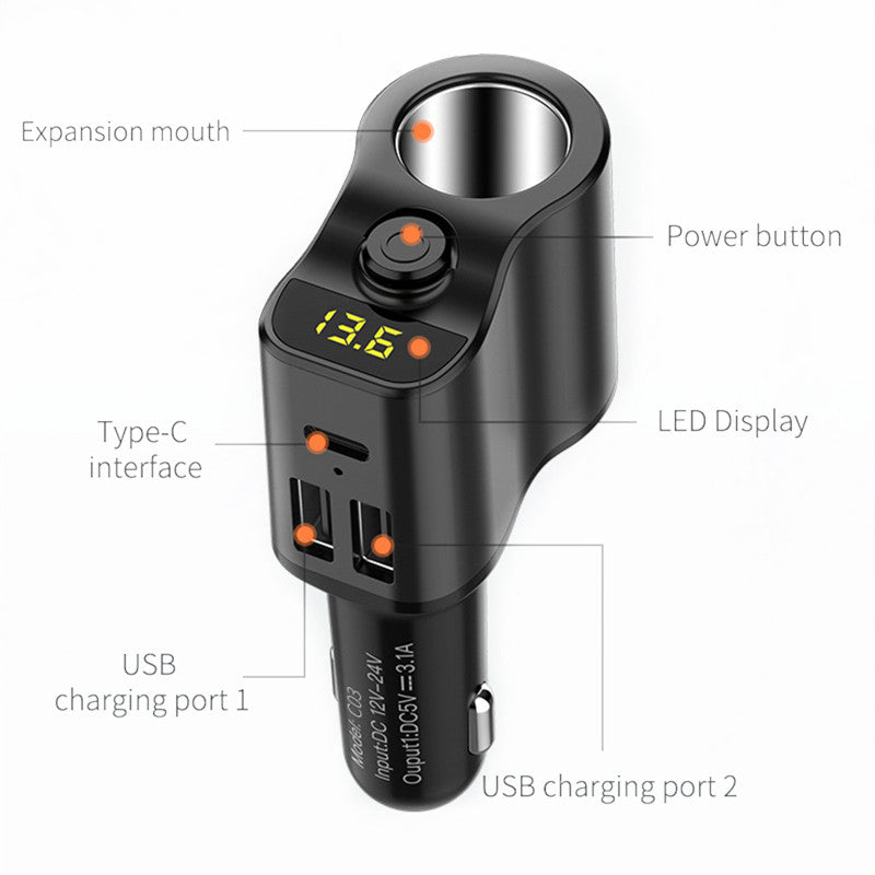 C03 3.1A Dual USB + Type-C Car Charger Voltage Detection Cigarette Lighter Socket Charge Adapter