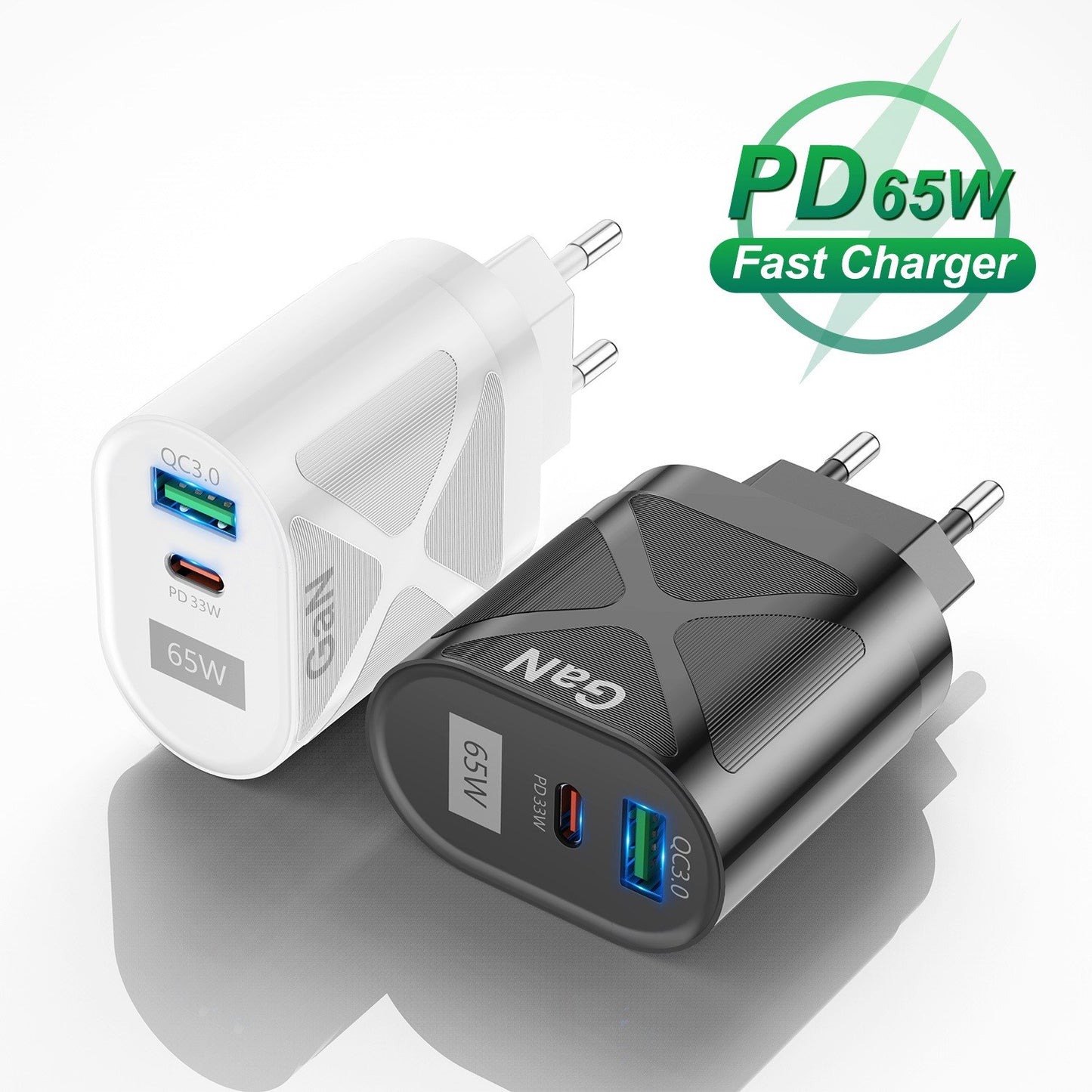 UD7568 65W High Power PD QC3.0 Fast Charging GaN Charger Type-C + USB Power Adapter