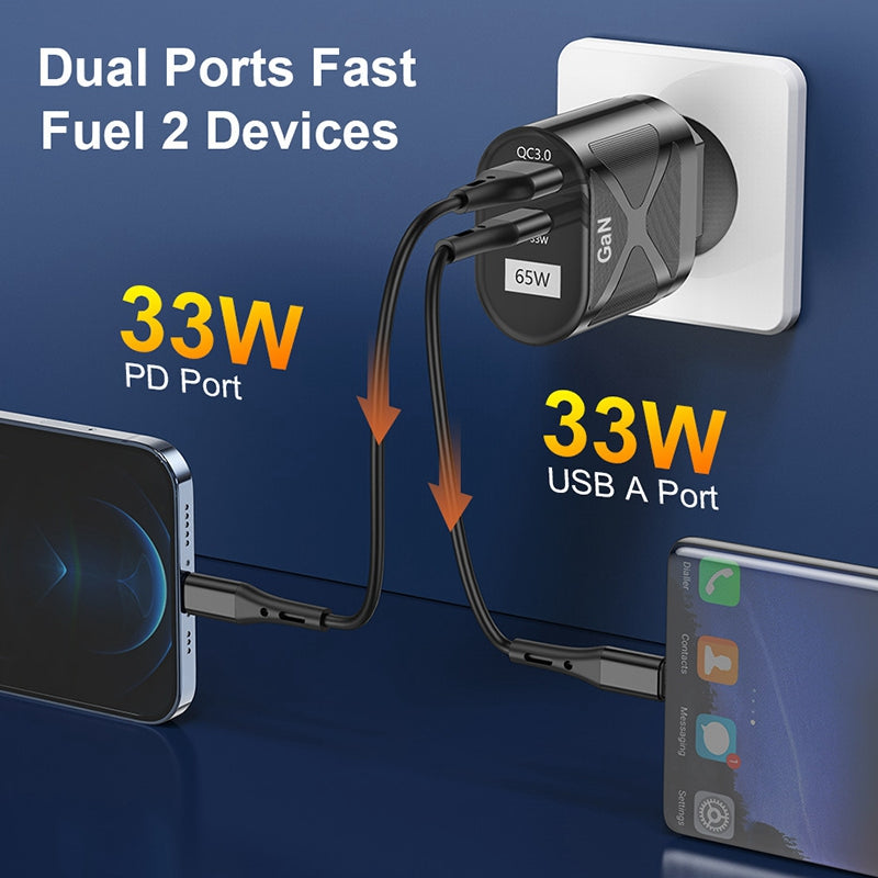 UD7568 65W High Power PD QC3.0 Fast Charging GaN Charger Type-C + USB Power Adapter