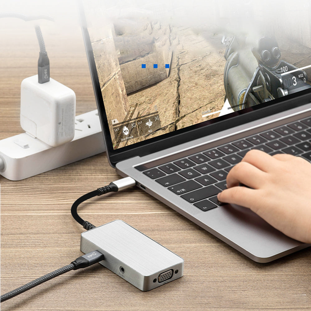 4081-0101RD-03 Type-C Docking Station 5-in-1 Multi-Port Hub Adapter USB Extender USB-C to PD100 + 3.5mm + HD + DP + VGA Converter Support HD/VGA/DP Sync Screen 10Gbps Data Transmission