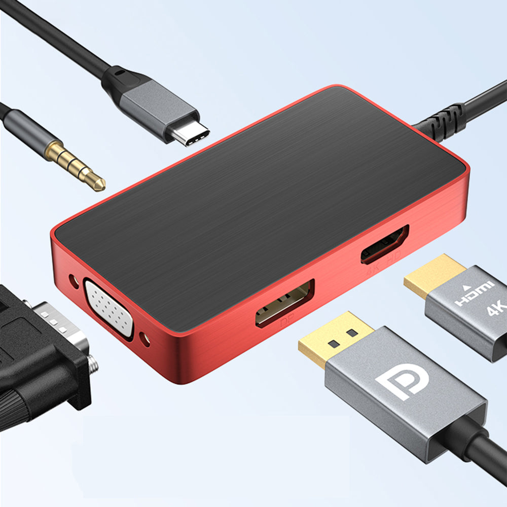 4081-0101RD-03 Type-C Docking Station 5-in-1 Multi-Port Hub Adapter USB Extender USB-C to PD100 + 3.5mm + HD + DP + VGA Converter Support HD/VGA/DP Sync Screen 10Gbps Data Transmission