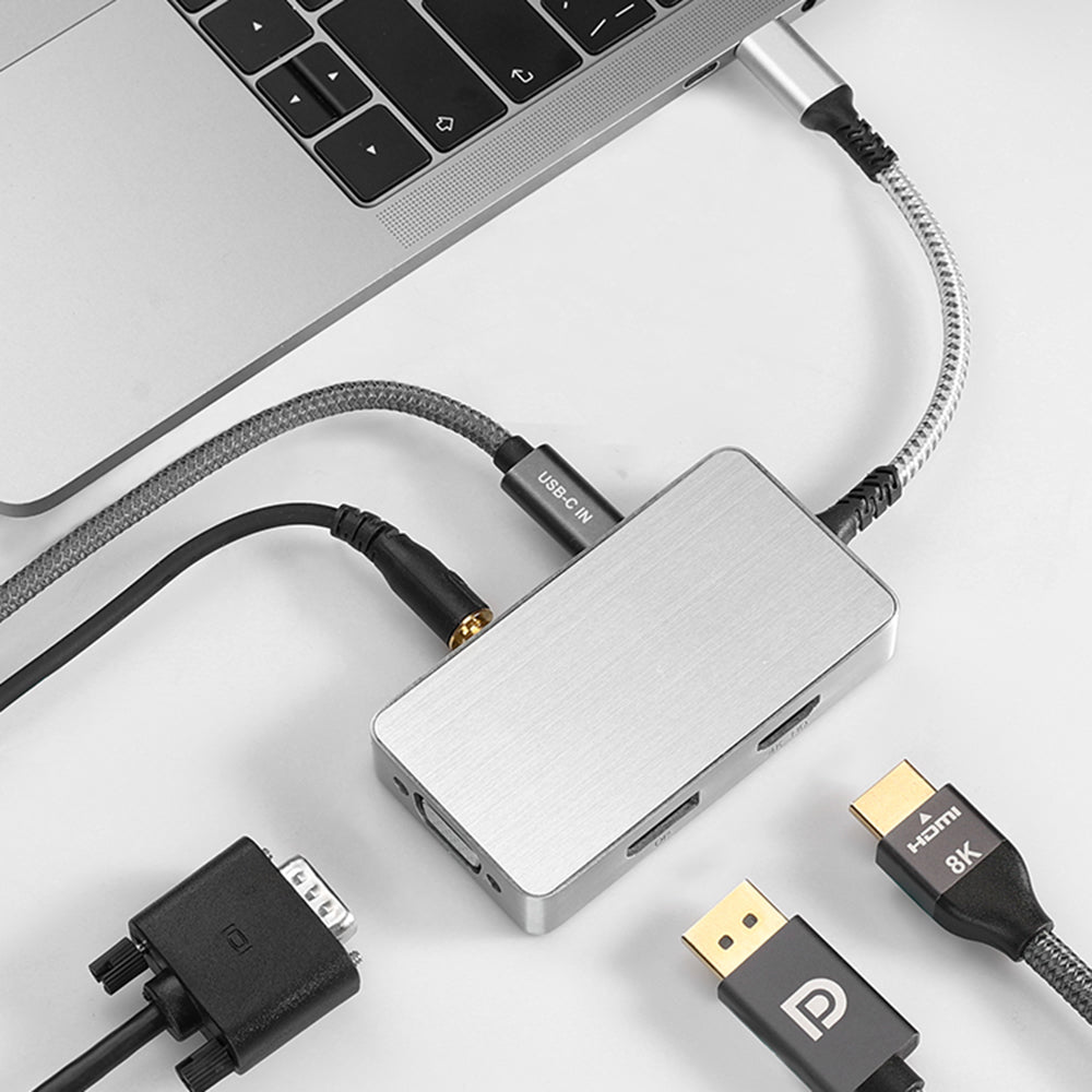 4081-0101RD-03 Type-C Docking Station 5-in-1 Multi-Port Hub Adapter USB Extender USB-C to PD100 + 3.5mm + HD + DP + VGA Converter Support HD/VGA/DP Sync Screen 10Gbps Data Transmission