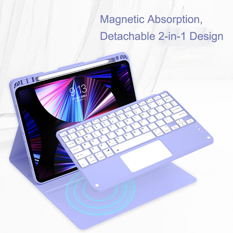 For iPad Pro 11 inch (2021/2020/2018) Skin-feel Leather Tablet Case Detachable Wireless Touch Control Bluetooth Keyboard Protective Cover with Pencil Holder