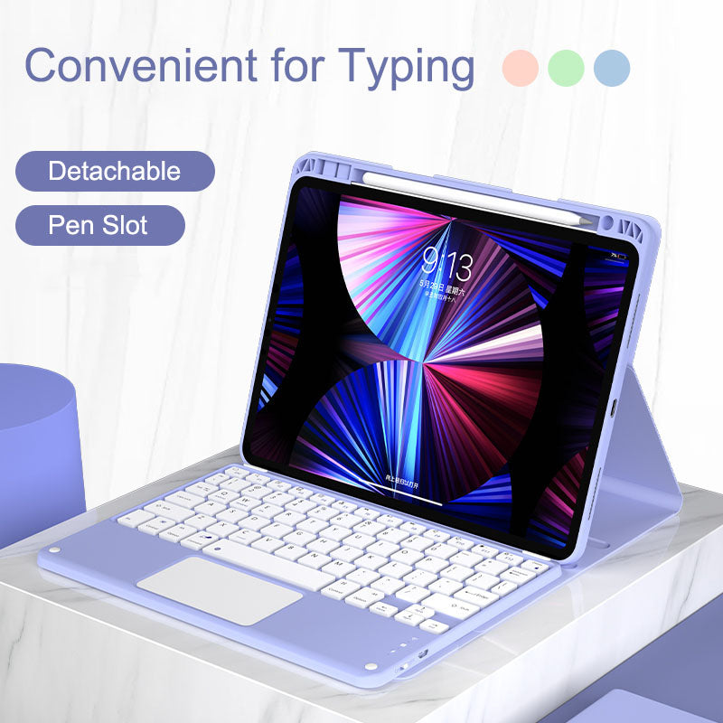 For iPad Pro 11 inch (2021/2020/2018) Skin-feel Leather Tablet Case Detachable Wireless Touch Control Bluetooth Keyboard Protective Cover with Pencil Holder