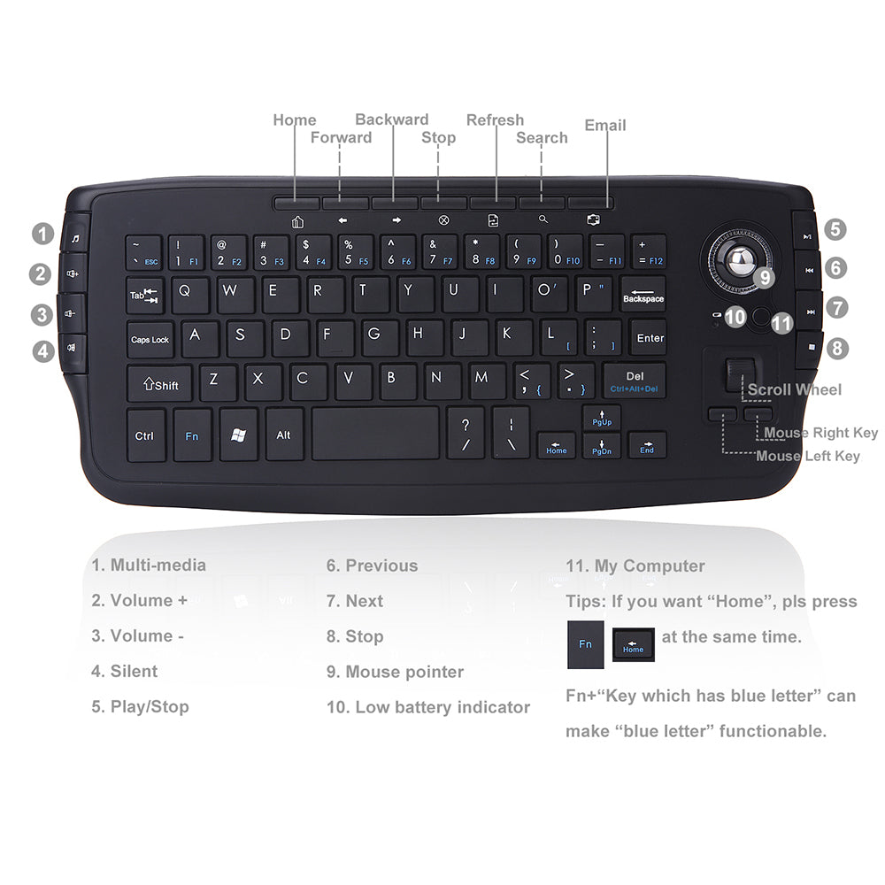 2.4G Wireless Keyboard Multimedia 1200DPI Trackball Air Mouse for Laptop PC