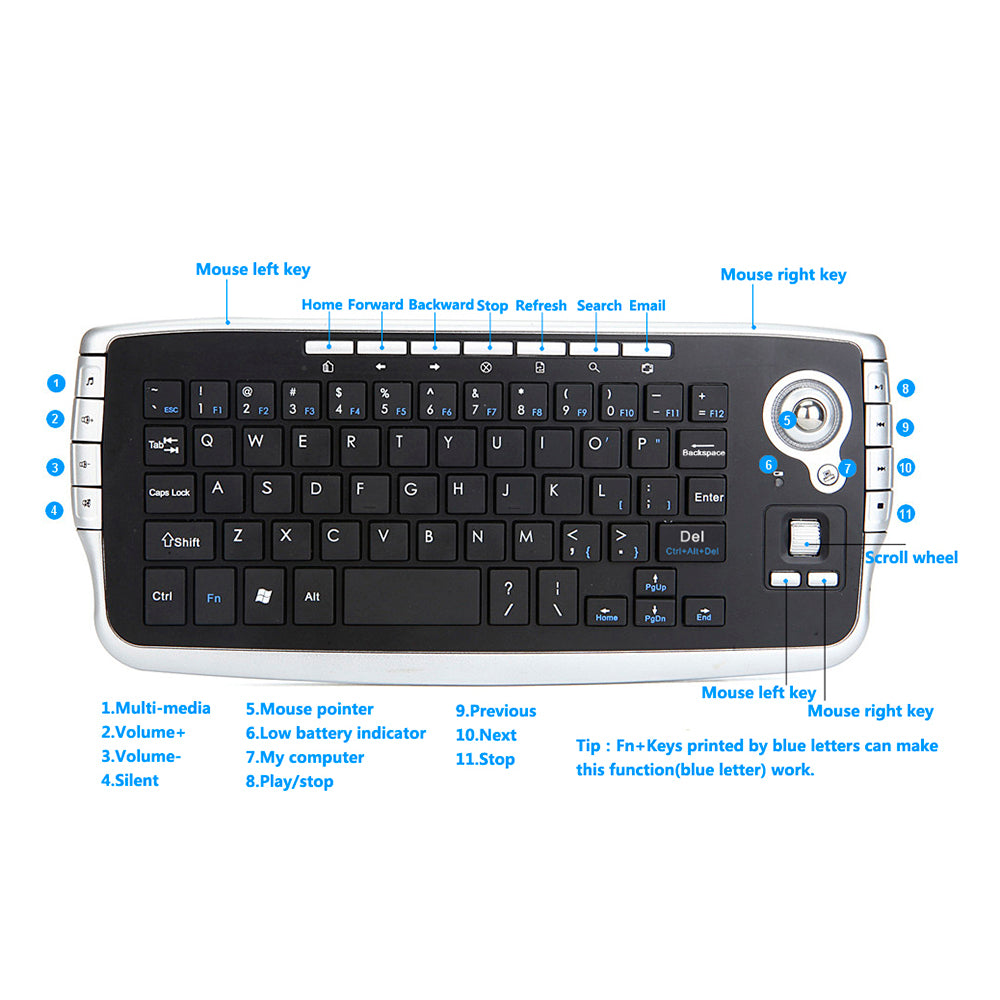 2.4G Wireless Keyboard Multimedia 1200DPI Trackball Air Mouse for Laptop PC