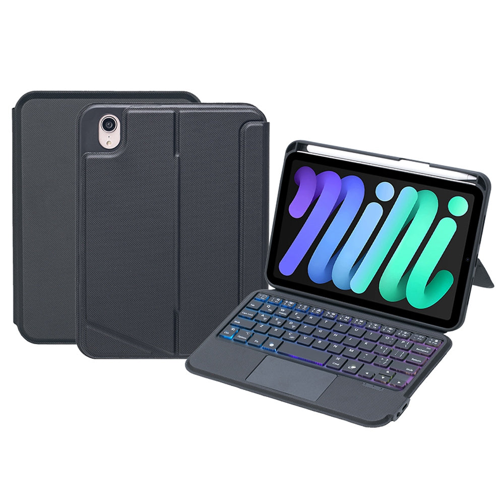 T06-AS for iPad mini (2021) Backlit Touchpad Keyboard Kickstand Case Pen Holder Tablet PU Leather Cover with Detachable Bluetooth Keyboard