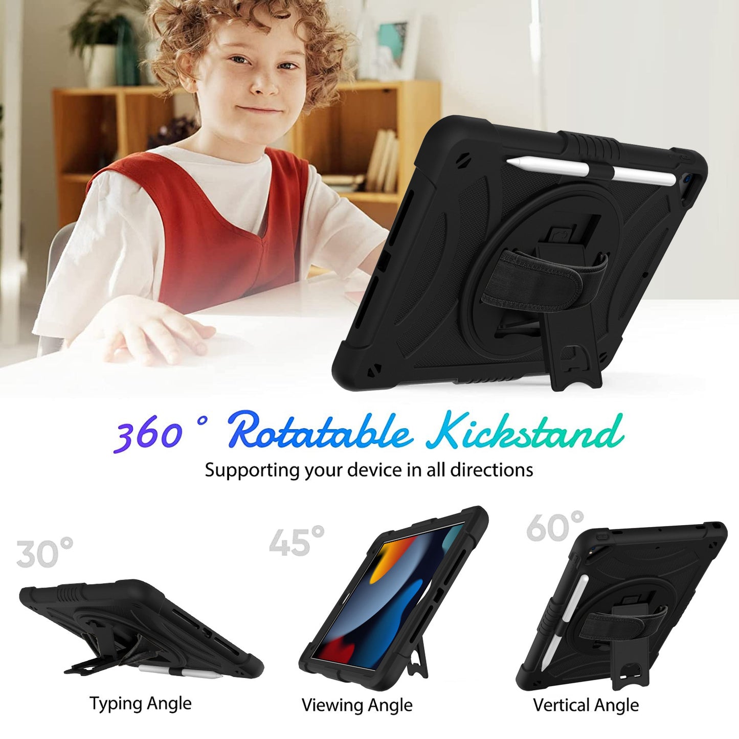 For iPad mini (2021) Shockproof Case Anti-Scratch Rotating Kickstand Case with Shoulder Strap Portable Silicone+PC Tablet Case