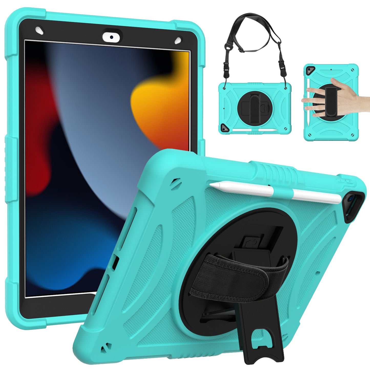 For iPad mini (2021) Shockproof Case Anti-Scratch Rotating Kickstand Case with Shoulder Strap Portable Silicone+PC Tablet Case