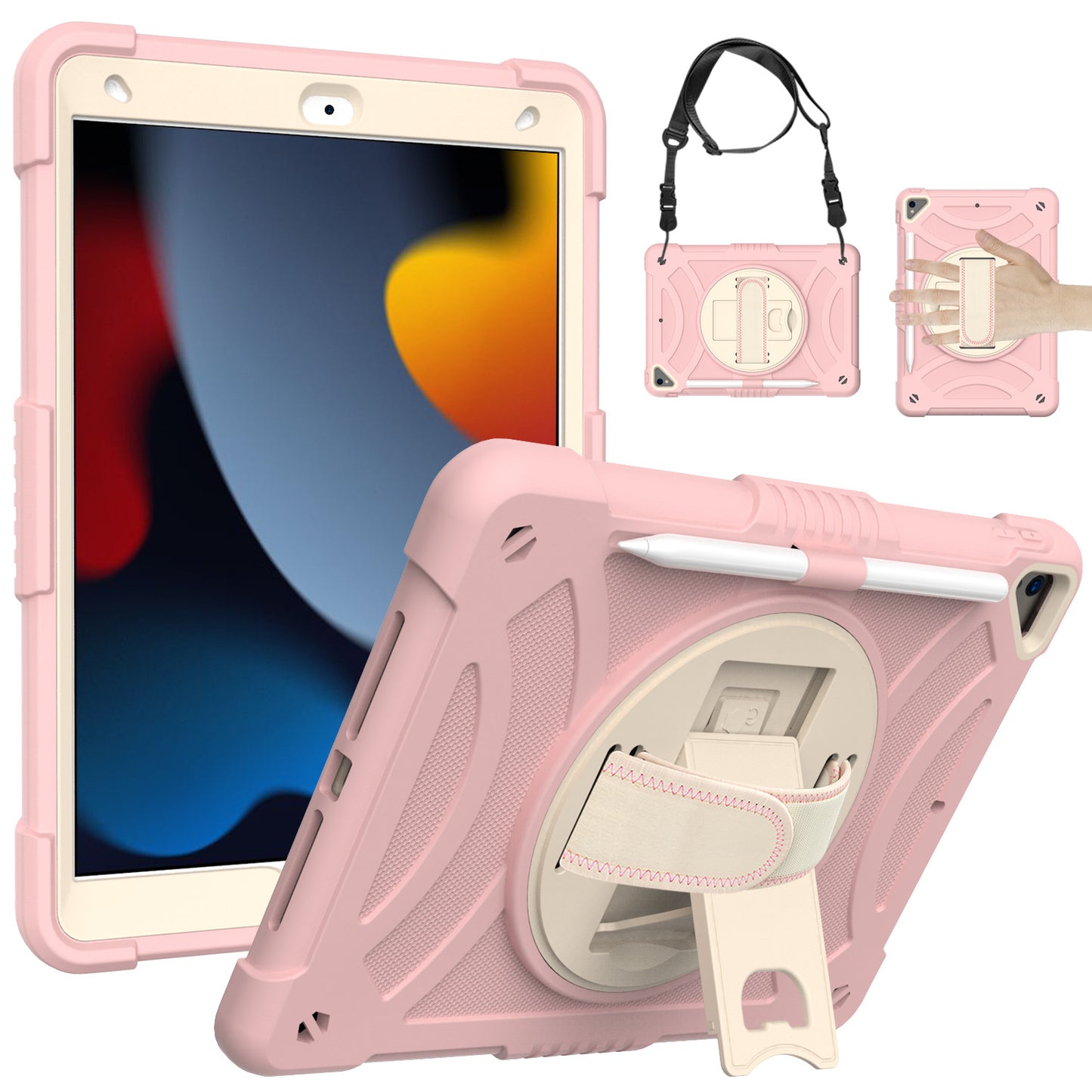 For iPad mini (2021) Shockproof Case Anti-Scratch Rotating Kickstand Case with Shoulder Strap Portable Silicone+PC Tablet Case