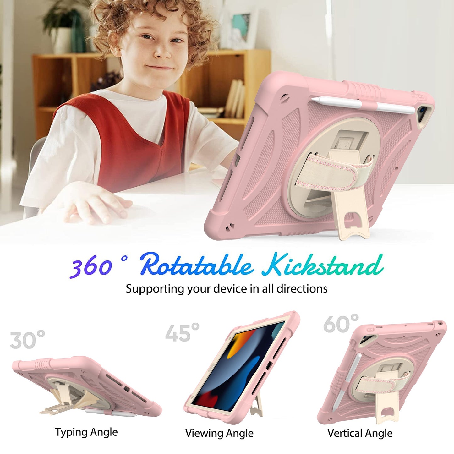 For iPad mini (2021) Shockproof Case Anti-Scratch Rotating Kickstand Case with Shoulder Strap Portable Silicone+PC Tablet Case