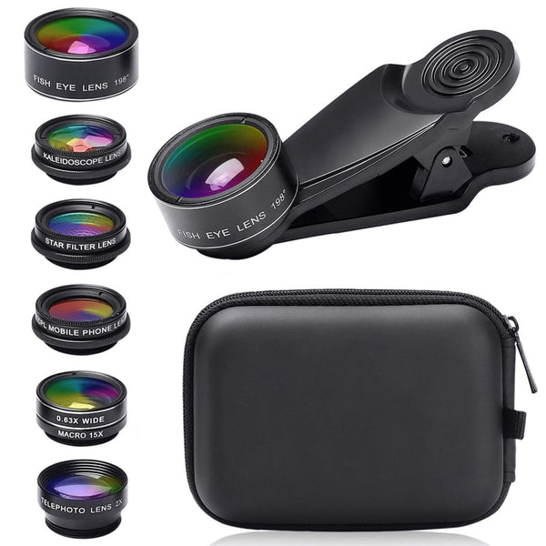 AM-J14 7-in-1 Mobile Phone Camera Lens Kit Portable Universal Cell Phone Lens with Wide Angle, Macro, Fisheye, CPL External Lens