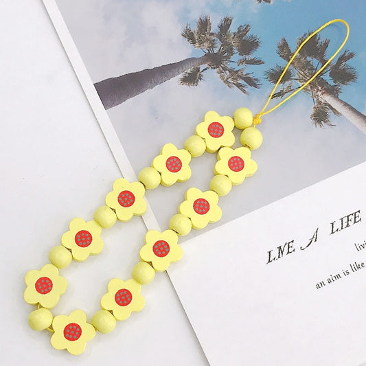 Flower Wood Beads Phone Chain Handwork Cellphone Case Pendant Wrist Strap