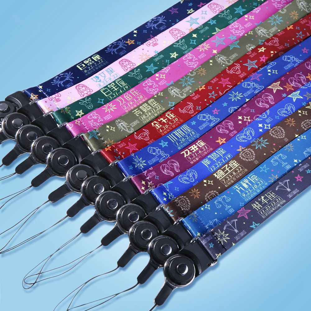 10Pcs / Pack 12 Constellations Cartoon Printed Rotating Buckle Lanyard Detachable Mobile Phone Name Tag Neck Strap