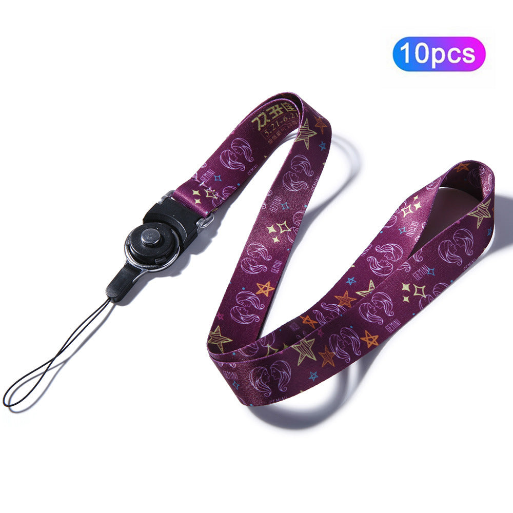 10Pcs / Pack 12 Constellations Cartoon Printed Rotating Buckle Lanyard Detachable Mobile Phone Name Tag Neck Strap