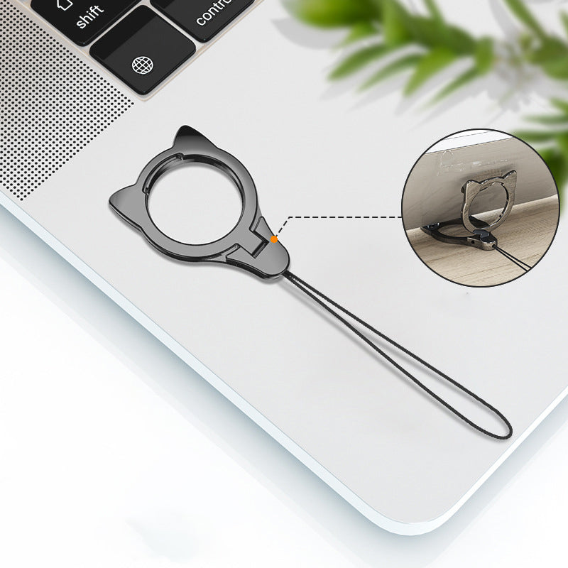 2-in-1 Cat Head Finger Ring Phone Kickstand Cellphone Anti-drop Lanyard Hand Rope
