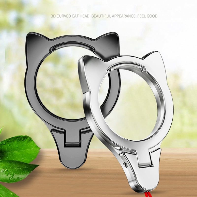 2-in-1 Cat Head Finger Ring Phone Kickstand Cellphone Anti-drop Lanyard Hand Rope