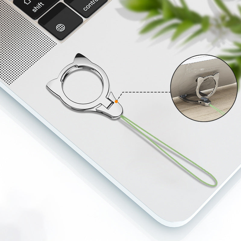 2-in-1 Cat Head Finger Ring Phone Kickstand Cellphone Anti-drop Lanyard Hand Rope