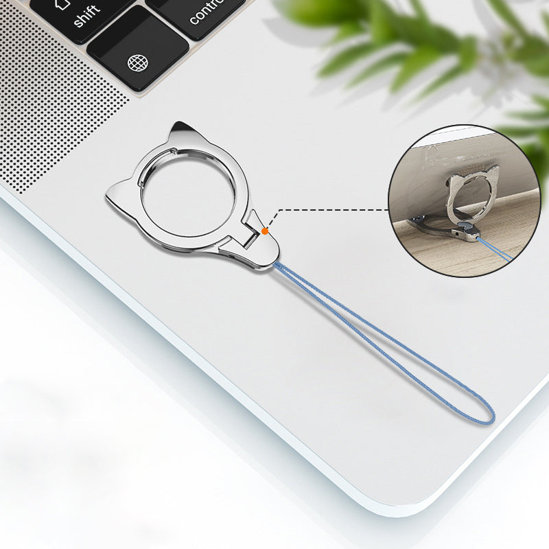 2-in-1 Cat Head Finger Ring Phone Kickstand Cellphone Anti-drop Lanyard Hand Rope