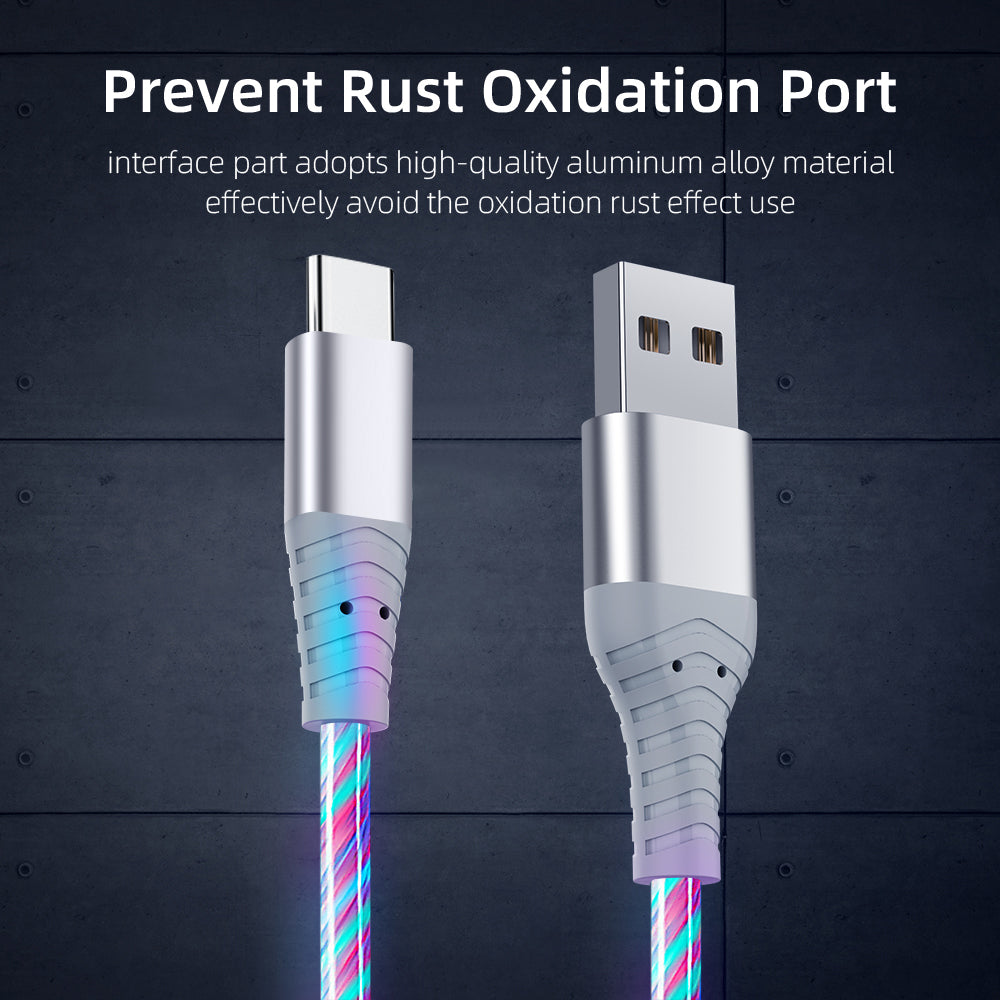 2m Glowing 3A Fast Charging Cable High-Speed Flowing Streamer Light LED Data Transfer Micro USB Cable