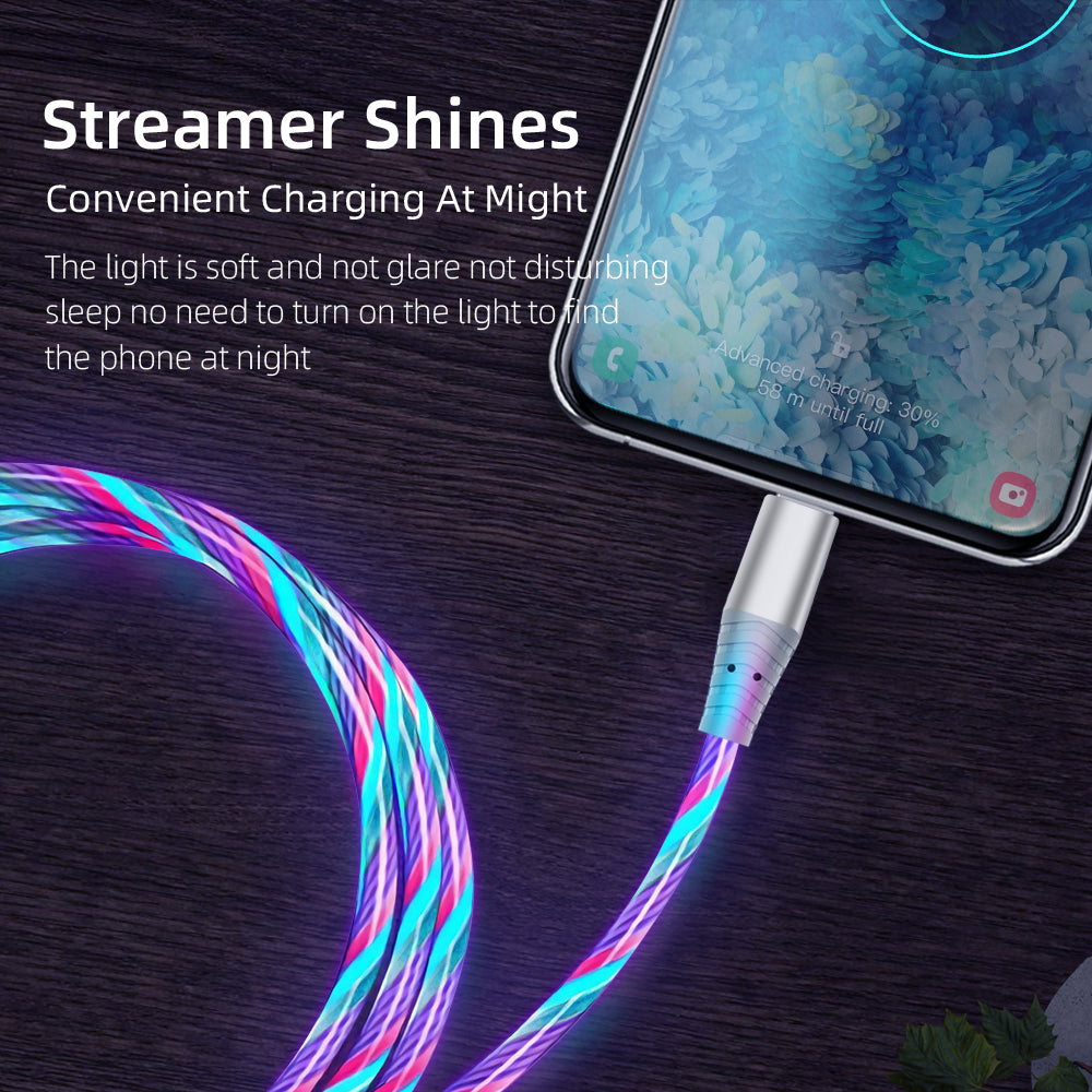 2m Glowing 3A Fast Charging Cable High-Speed Flowing Streamer Light LED Data Transfer Micro USB Cable