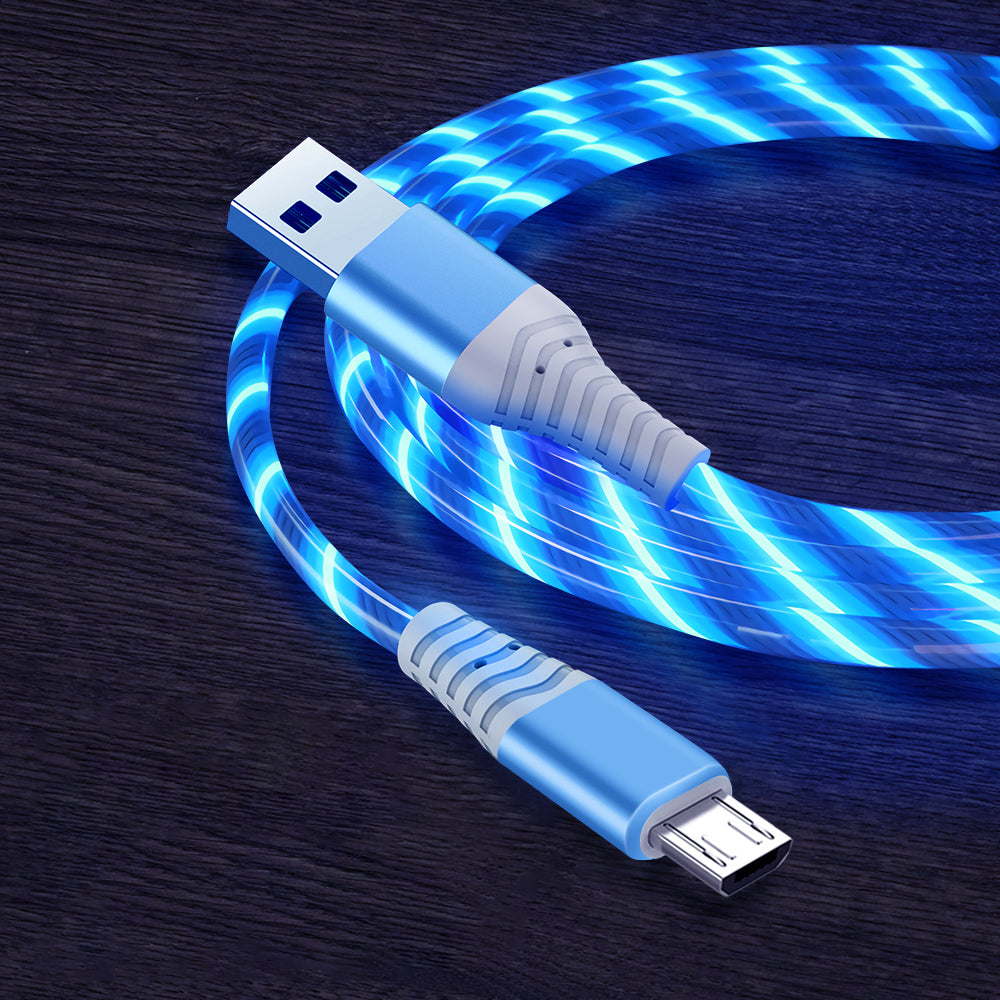 2m Glowing 3A Fast Charging Cable High-Speed Flowing Streamer Light LED Data Transfer Micro USB Cable
