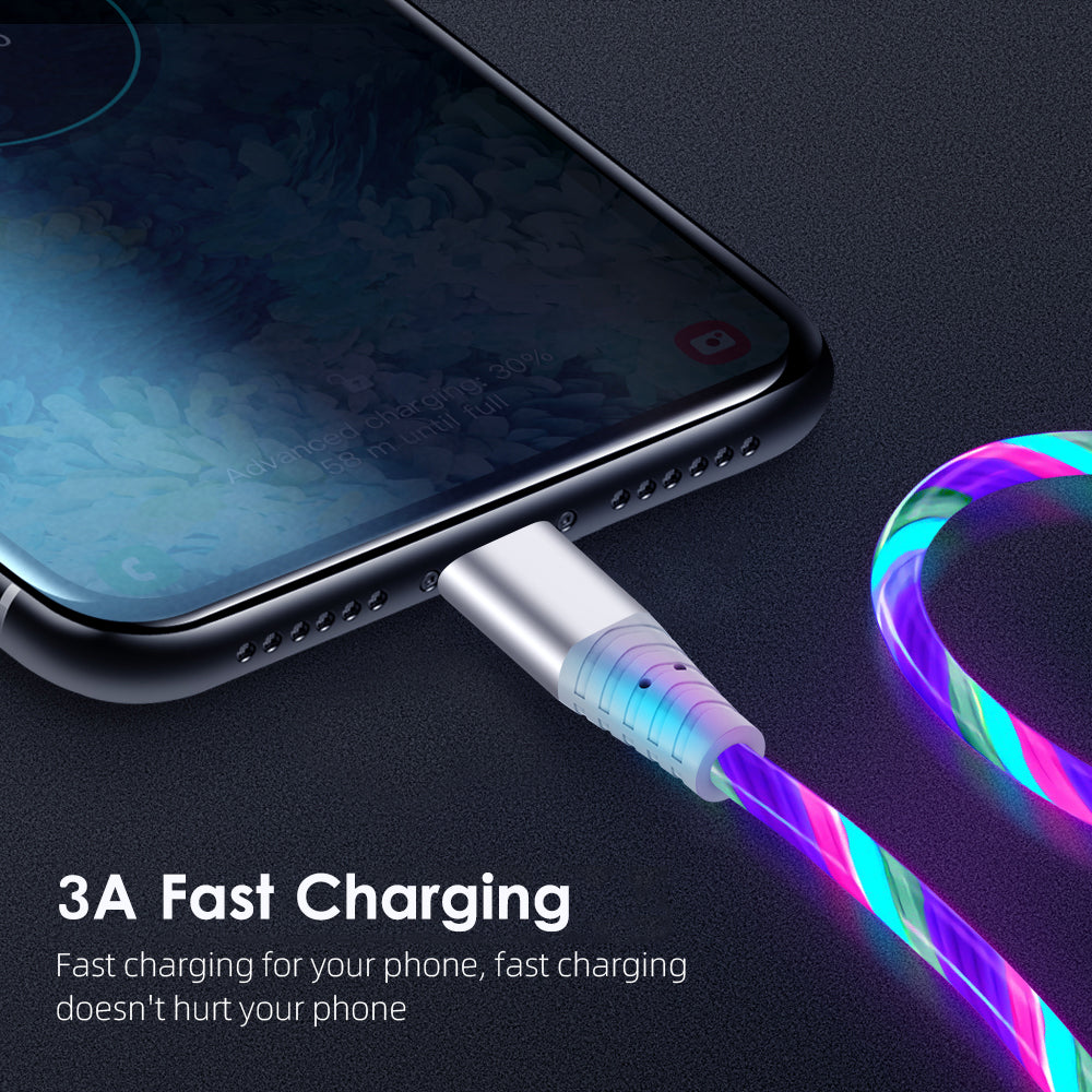 2m Glowing 3A Fast Charging Cable High-Speed Flowing Streamer Light LED Data Transfer Micro USB Cable