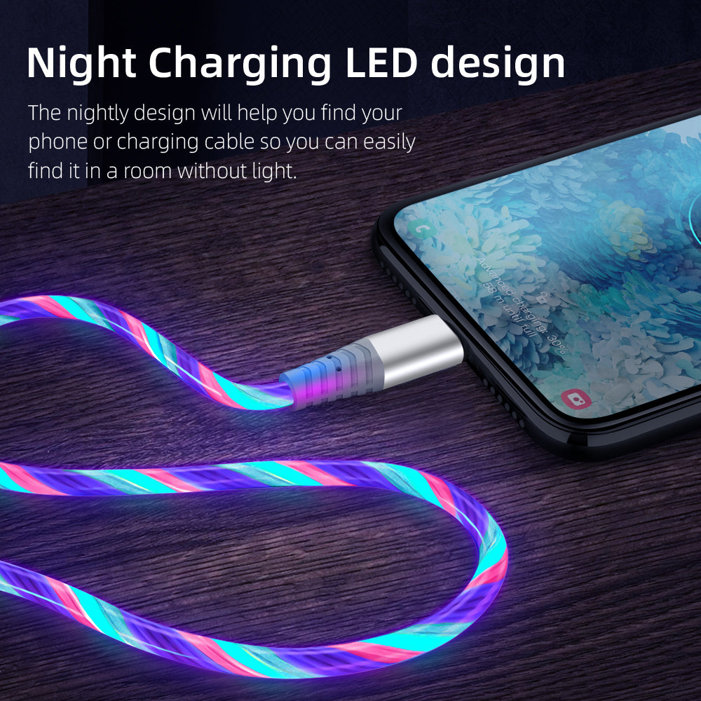 2m Glowing 3A Fast Charging Cable High-Speed Flowing Streamer Light LED Data Transfer Micro USB Cable