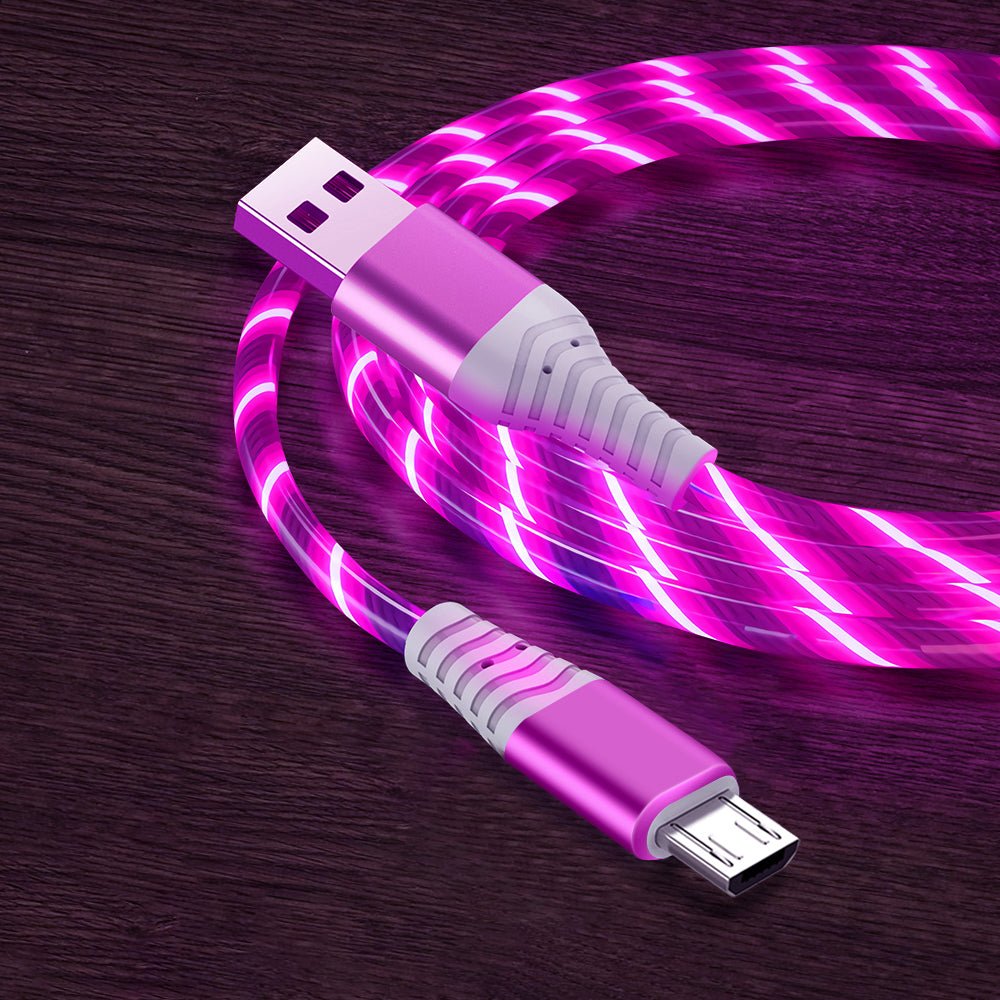 2m Glowing 3A Fast Charging Cable High-Speed Flowing Streamer Light LED Data Transfer Micro USB Cable