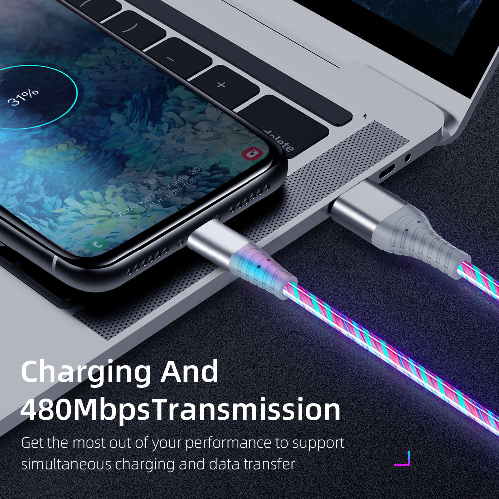 2m Glowing 3A Fast Charging Cable High-Speed Flowing Streamer Light LED Data Transfer Micro USB Cable