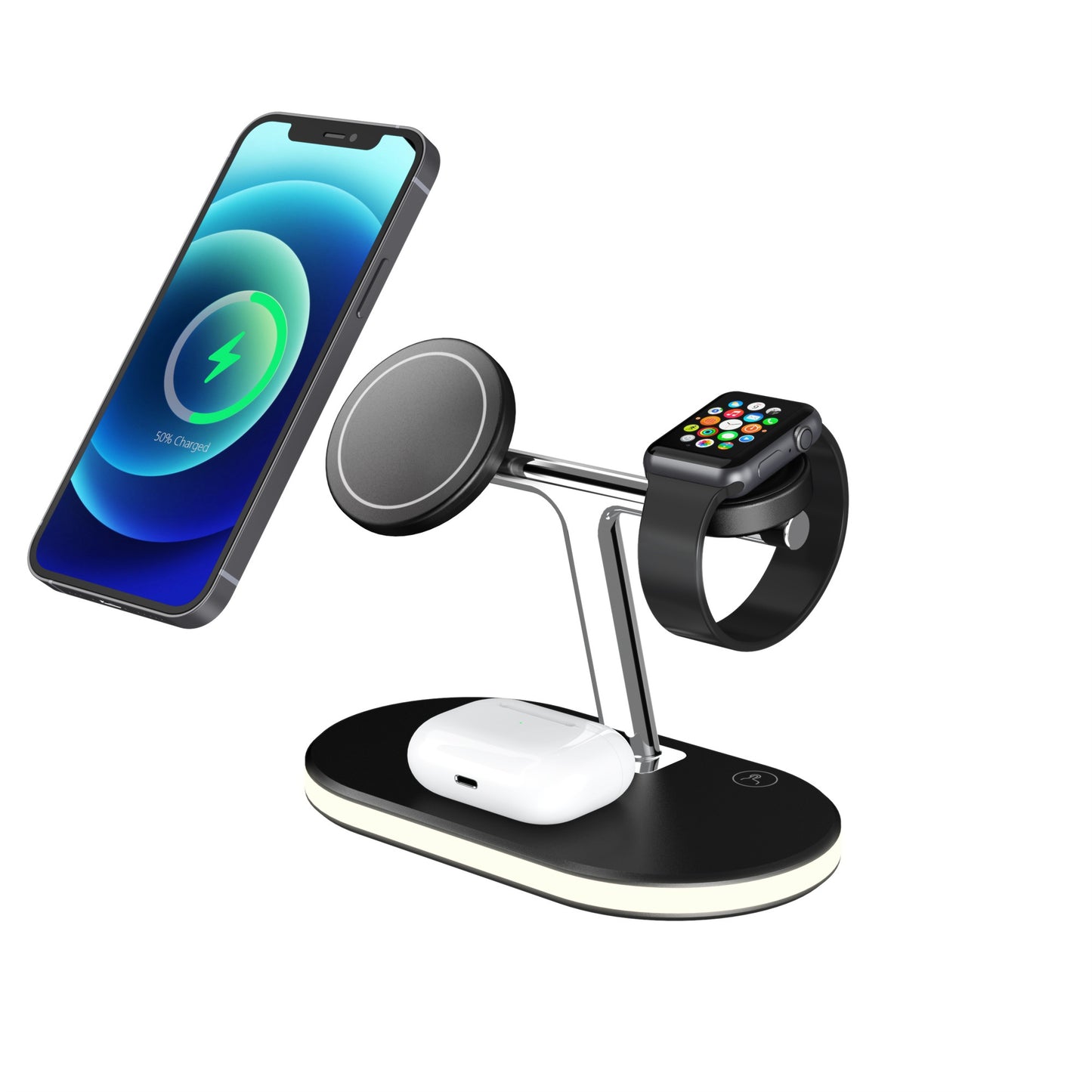 C300 3 in 1 15W Fast Charging Desktop Station with LED Night Light Magnetic Wirless Charger for Qi-enabled Mobile Phone / AirPods / Apple Watch
