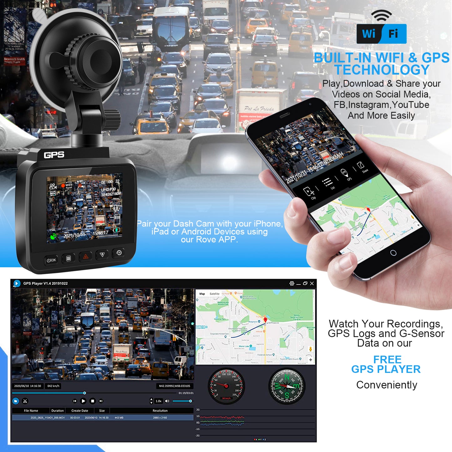 V53 4K UHD 2160P Car Parking Camera WiFi GPS Car Dashboard Camera Recorder 170-degree Wide Vision G-Sensor Design for AZDOME GS63H