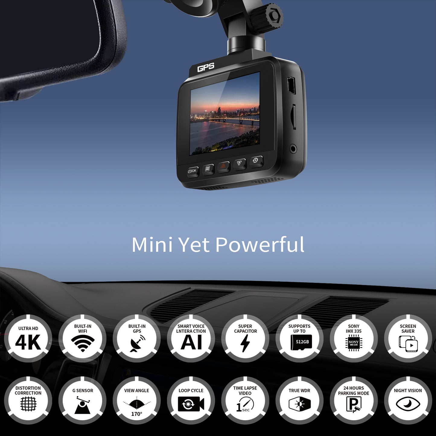 V53 4K UHD 2160P Car Parking Camera WiFi GPS Car Dashboard Camera Recorder 170-degree Wide Vision G-Sensor Design for AZDOME GS63H