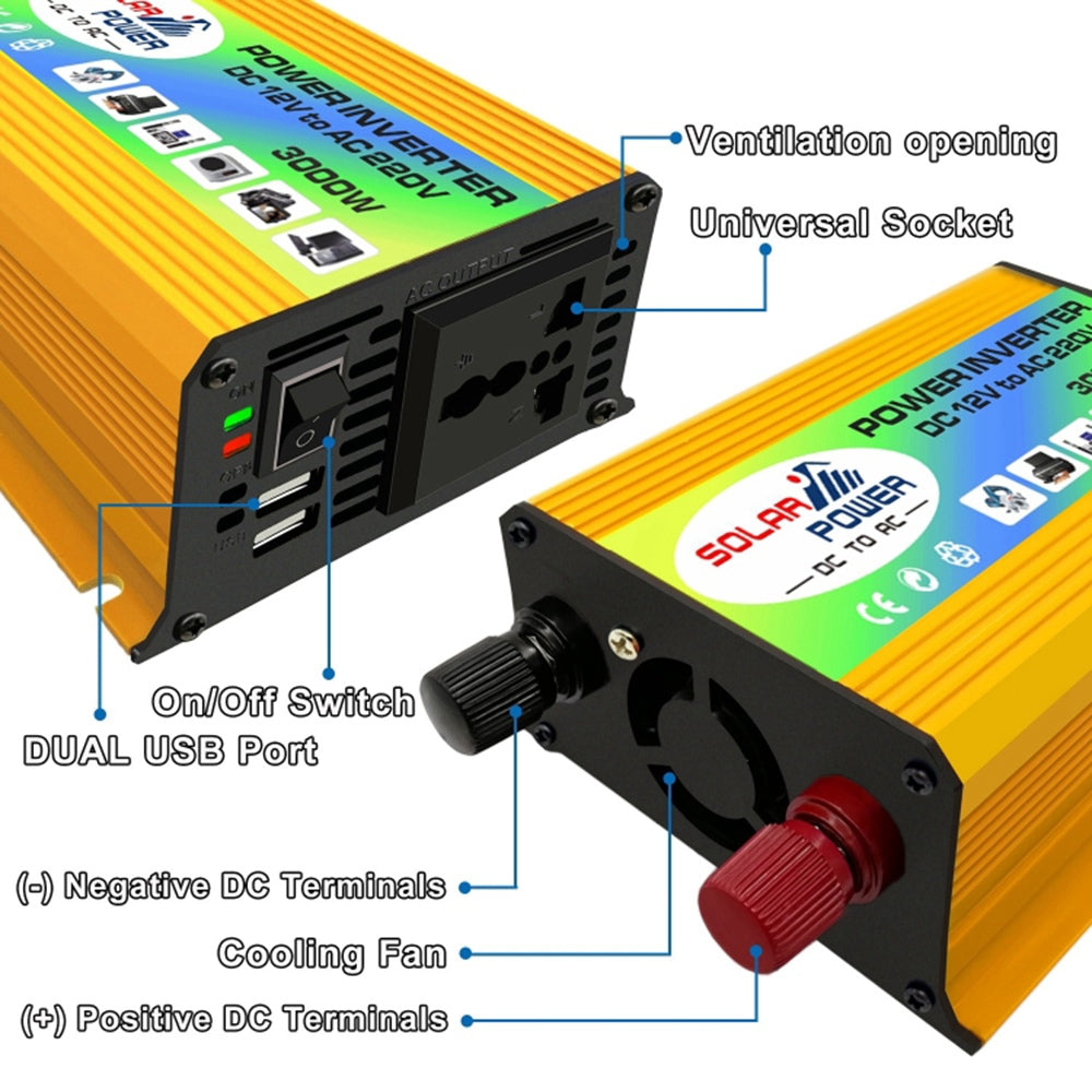 Tang I Generation 12V to 220V 3000W Intelligent Car Power Inverter with Dual USB for Camping, Traveling
