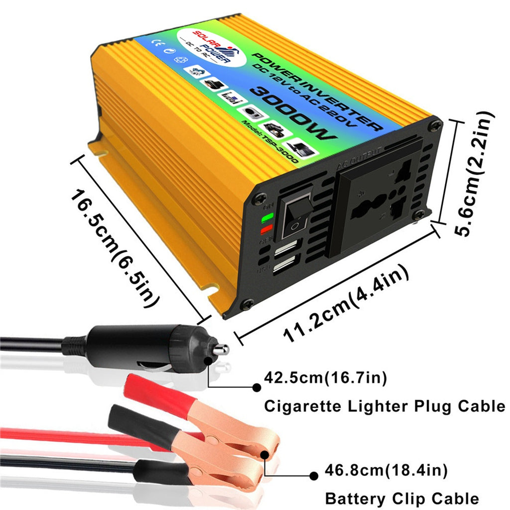 Tang I Generation 12V to 220V 3000W Intelligent Car Power Inverter with Dual USB for Camping, Traveling