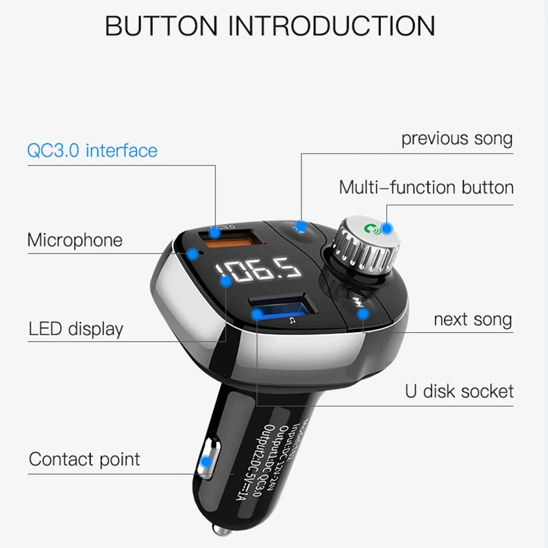 T62 QC 3.0 Bluetooth FM Transmitter Car Charger Wireless U Disk Adapter Music Player