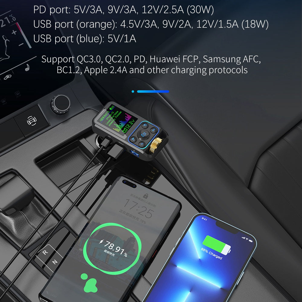 BC83 Bluetooth Hands-free Call MP3 Music Player Voltage Monitoring Dual USB+Type-C Car Charger FM Transmitter Support U-disk / TF Card / AUX