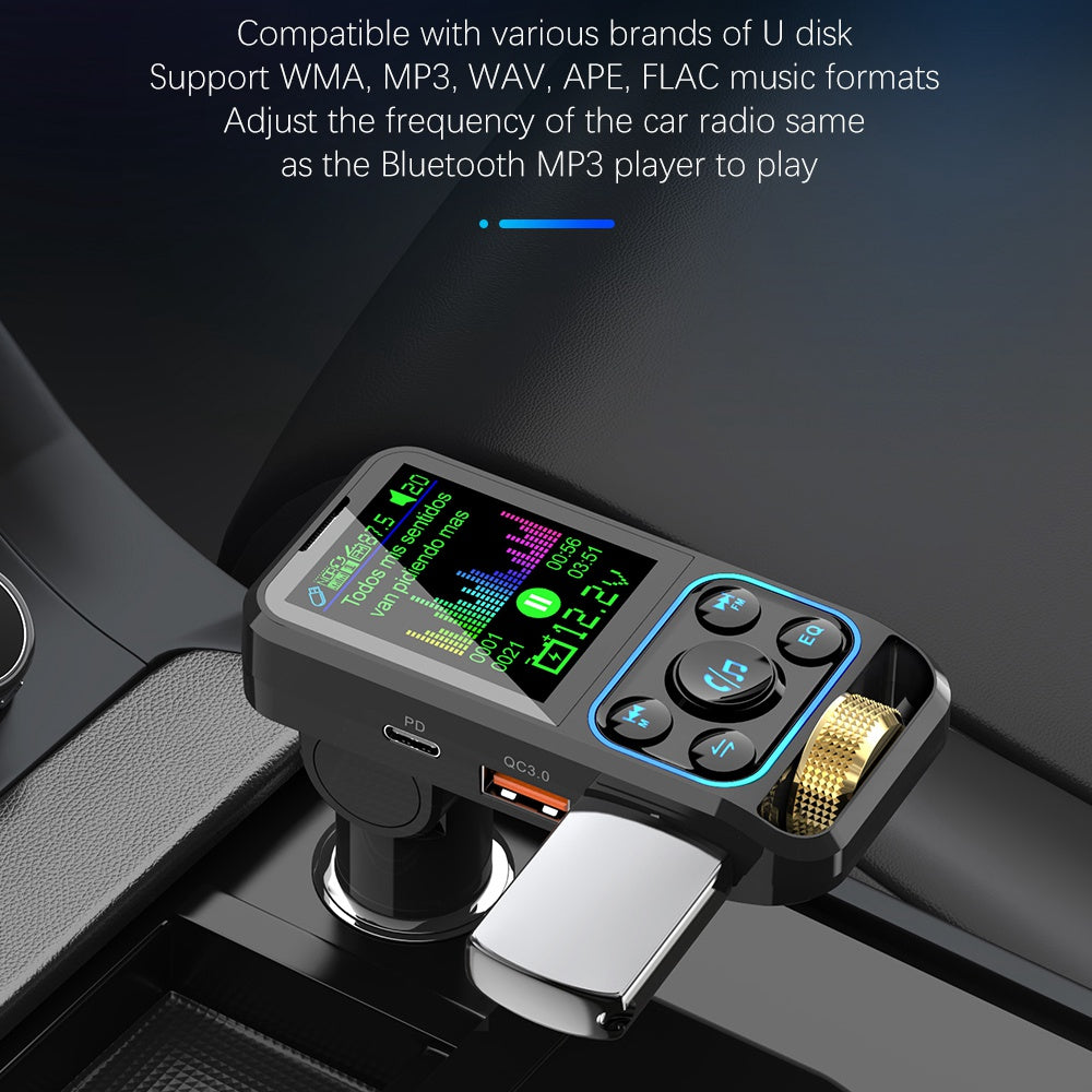 BC83 Bluetooth Hands-free Call MP3 Music Player Voltage Monitoring Dual USB+Type-C Car Charger FM Transmitter Support U-disk / TF Card / AUX