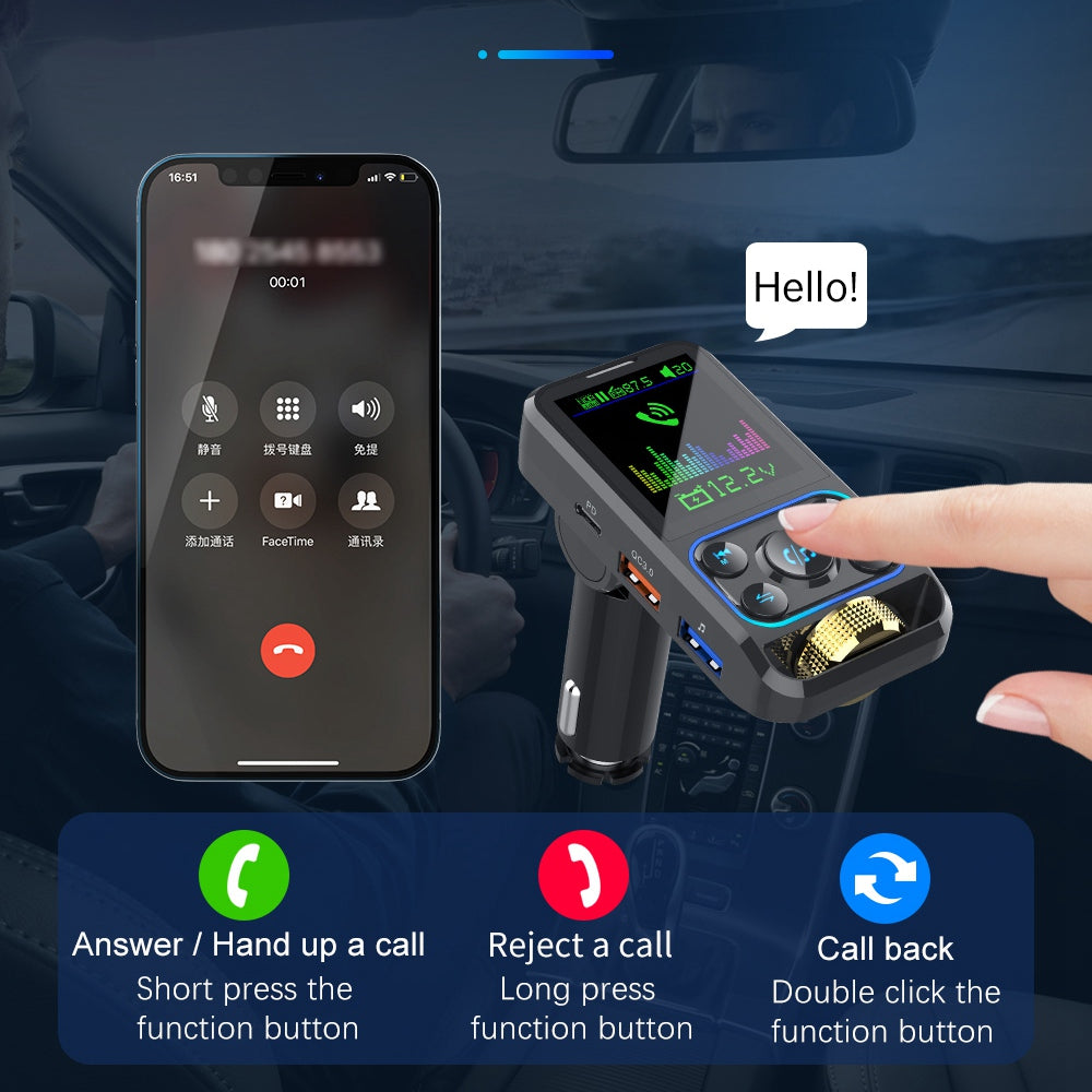 BC83 Bluetooth Hands-free Call MP3 Music Player Voltage Monitoring Dual USB+Type-C Car Charger FM Transmitter Support U-disk / TF Card / AUX