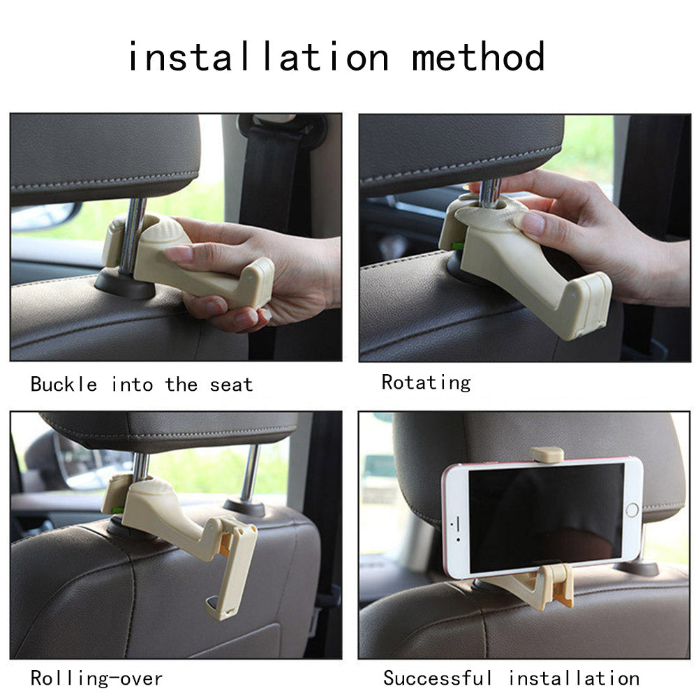 2 in 1 Auto Car Headrest Hooks Multi-function Seat Back Hook Car Phone Mount Holder Fastener Seat Back Hanger Clips for Bags/Mobile Phones