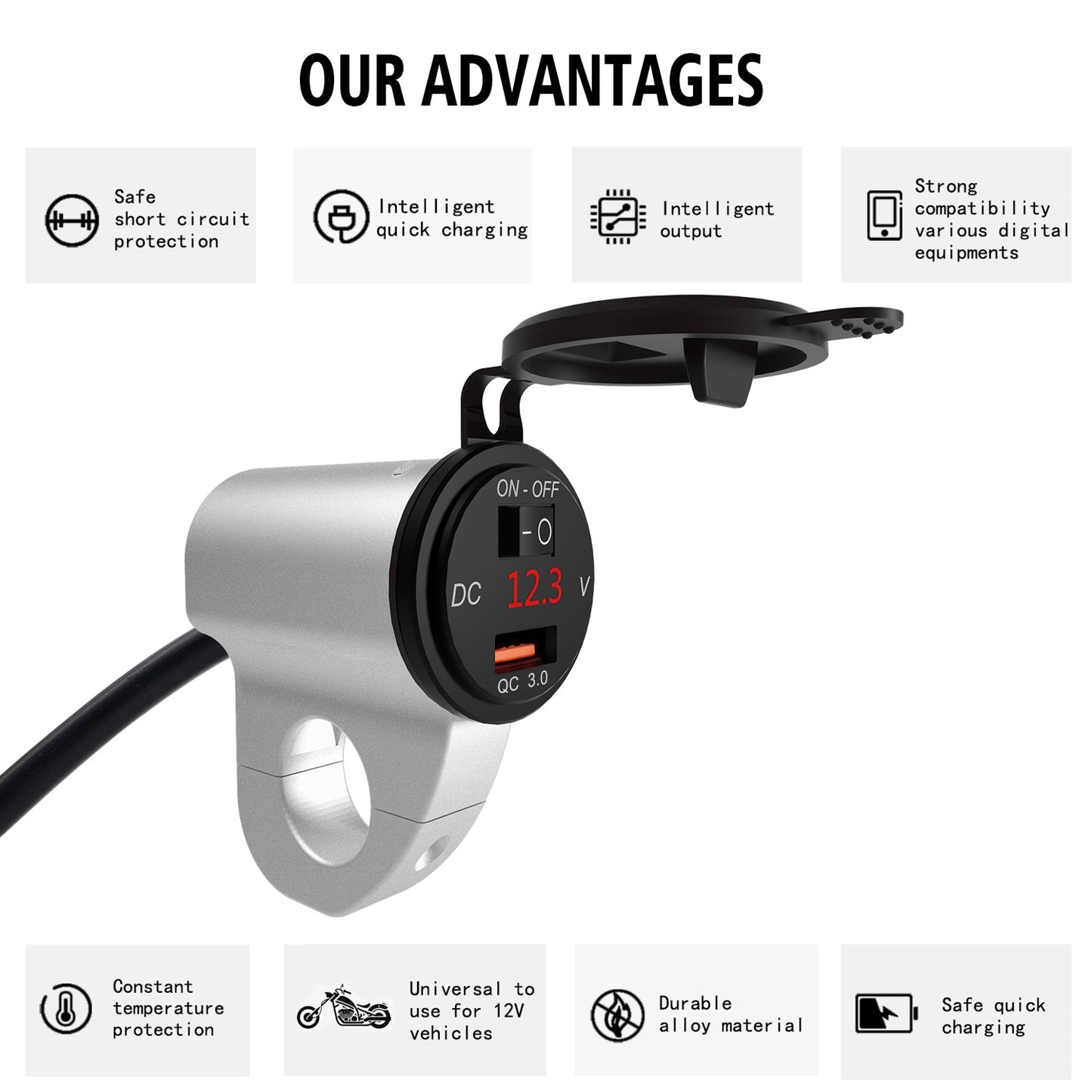 WUPP ZH-975 Motorcycle Handlebar 2.4A USB Phone Charger Aluminum Alloy Waterproof Voltage Digital Display QC3.0 Fast Charge Adapter with Switch