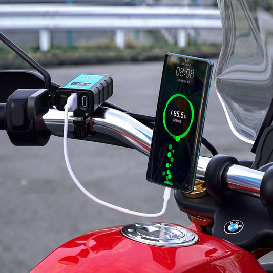 ZH-1422B2 Motorcycle Handlebar Charger USB+Type-C Port Adapter Socket, with Voltmeter Display and 1m SAE Extension Cable