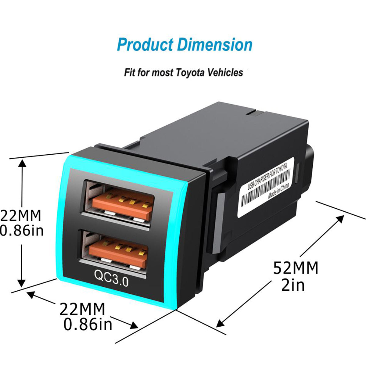 22x22mm QC3.0 Dual USB Port Blue LED Indicator ABS Car Charger Phone Fast Charging Socket Adapter for Toyota (Cigarette Lighter Wiring Connection)