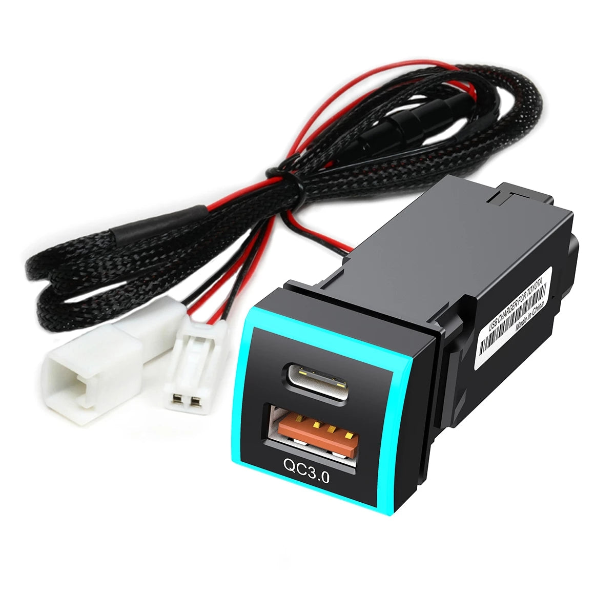 22x22mm Type-C USB QC3.0 LED Light Car Charger Socket Fast Charging Vehicle Modification Accessory for Toyota Corolla Camry (Cigarette Lighter Wiring Connection)