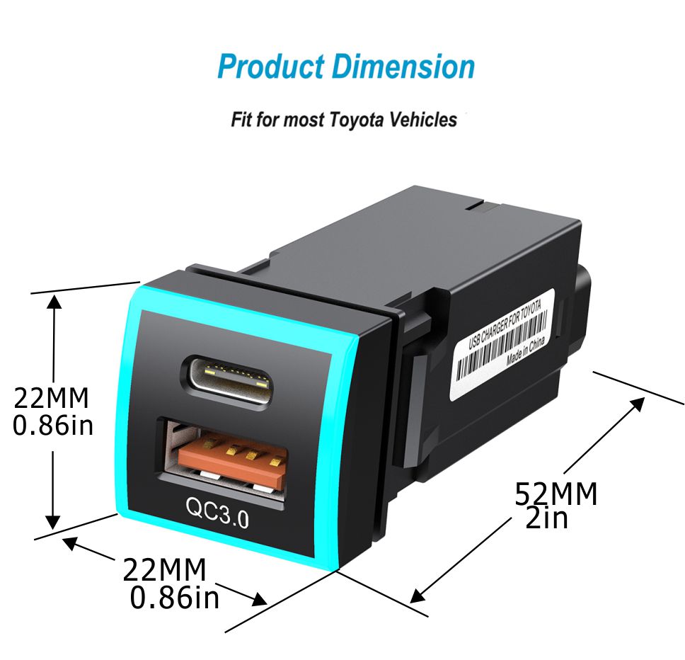22x22mm Type-C USB QC3.0 LED Light Car Charger Socket Fast Charging Vehicle Modification Accessory for Toyota Corolla Camry (Cigarette Lighter Wiring Connection)