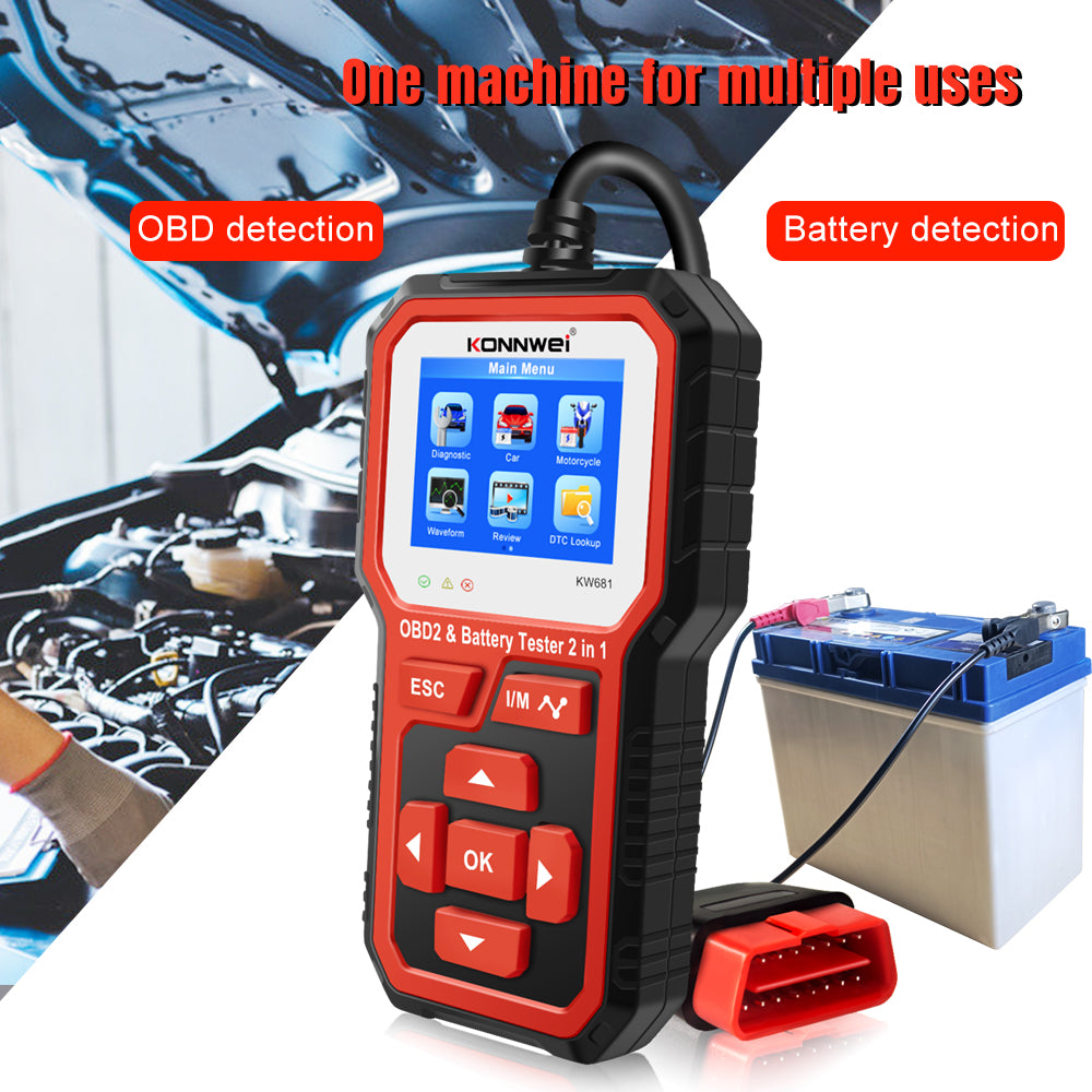 KONNWEI KW681 2 in 1 6-12V Car Battery Tester OBD2 Cars Fault Diagnosis Instrument Battery Analyzer