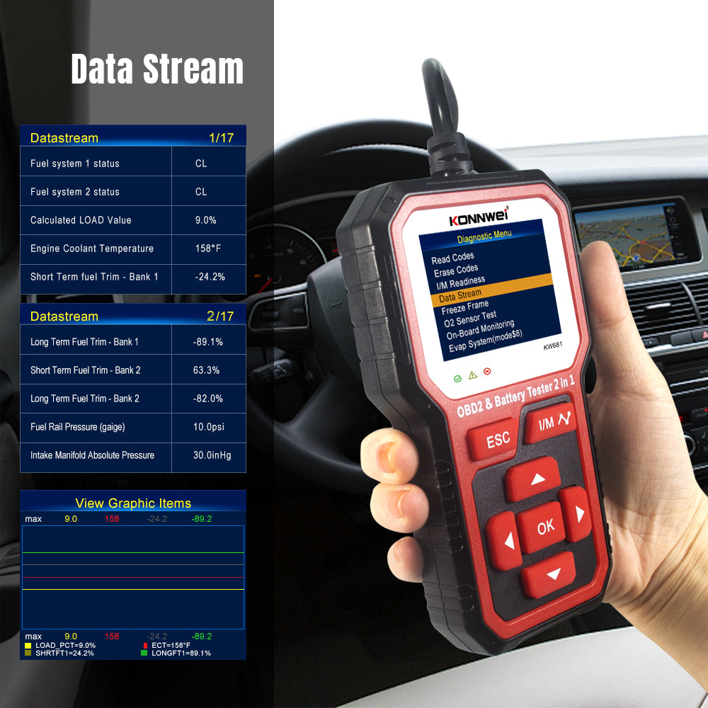 KONNWEI KW681 2 in 1 6-12V Car Battery Tester OBD2 Cars Fault Diagnosis Instrument Battery Analyzer