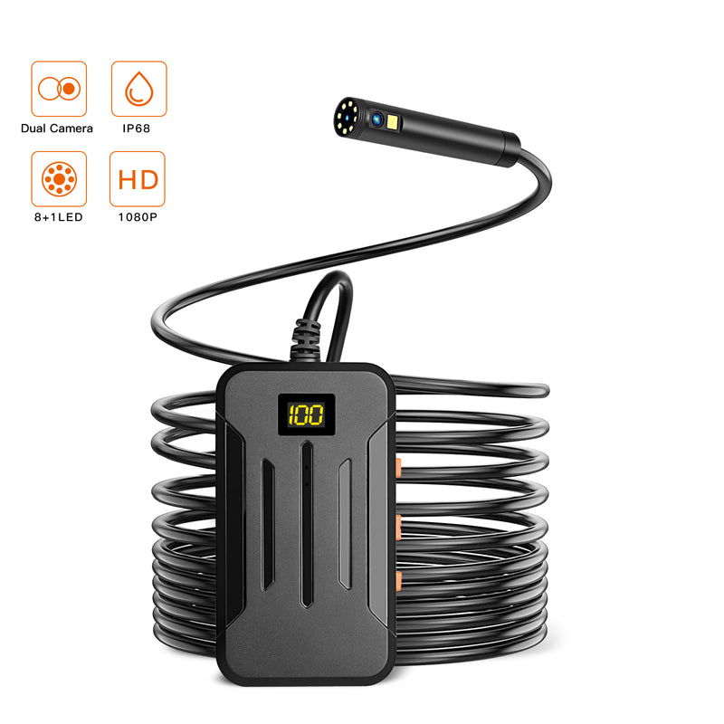 F300 2m Hard Wire Dual Lens 1080P 8mm Probe Industrial Endoscope 9-LED WiFi Waterproof Inspection Camera