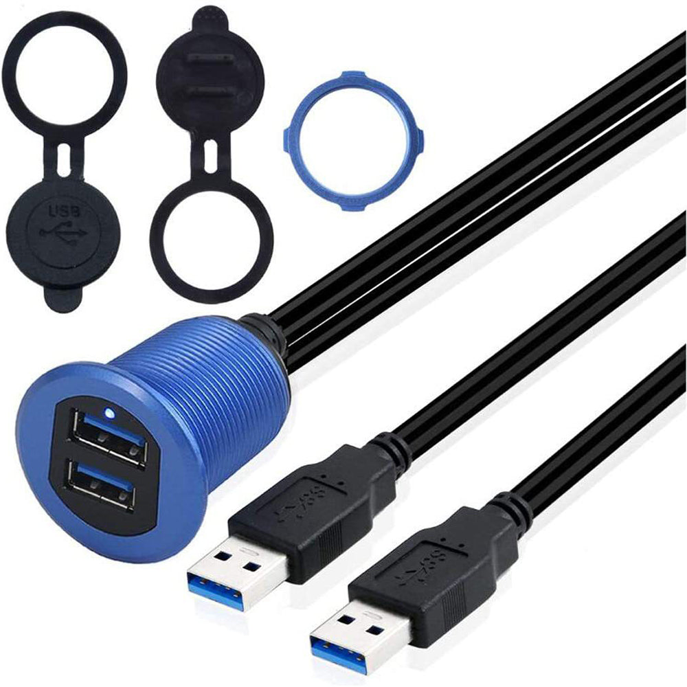 1m Metal Case Dual USB 3.0 Extension Cable Waterproof Car Dashboard Data Cable Mount Panel with LED for Ship/Motorbike/Car Dashboard
